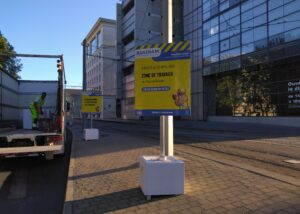 Panneau BusTram annonçant une zone de travaux à Montpellier – Place de l’Europe