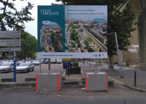 Panneau de projet Montpellier Arceaux – Avant/après du réaménagement prévu en 2025